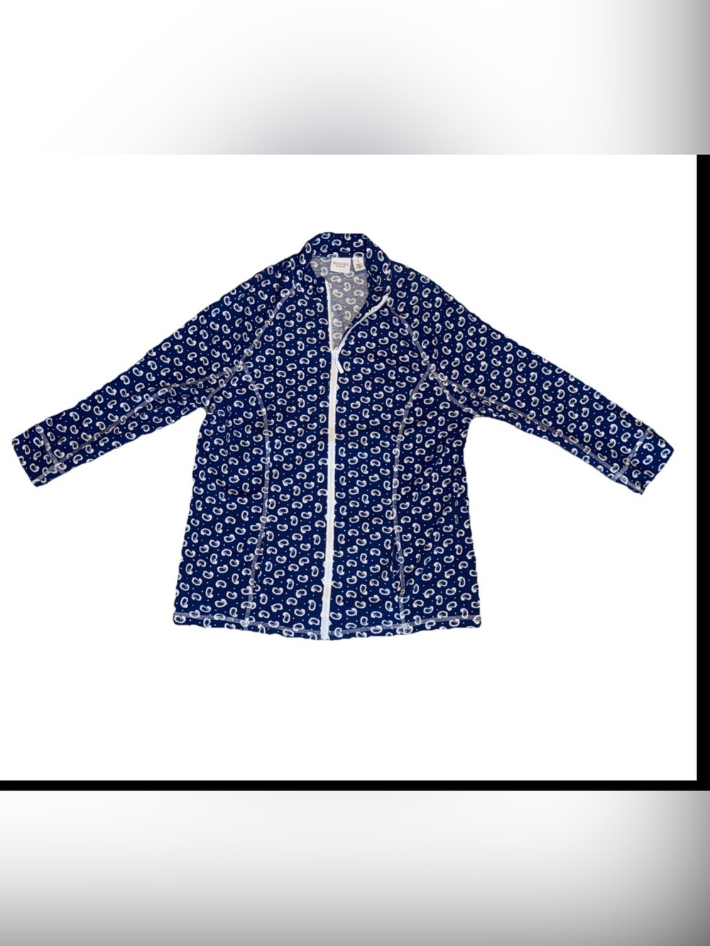 Chico's Weekend Navy and White Paisley Zip-Front Top